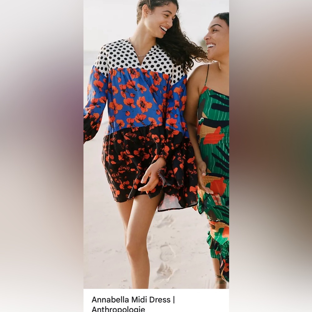 Anthropologie Blue and Orange Floral Midi Dress